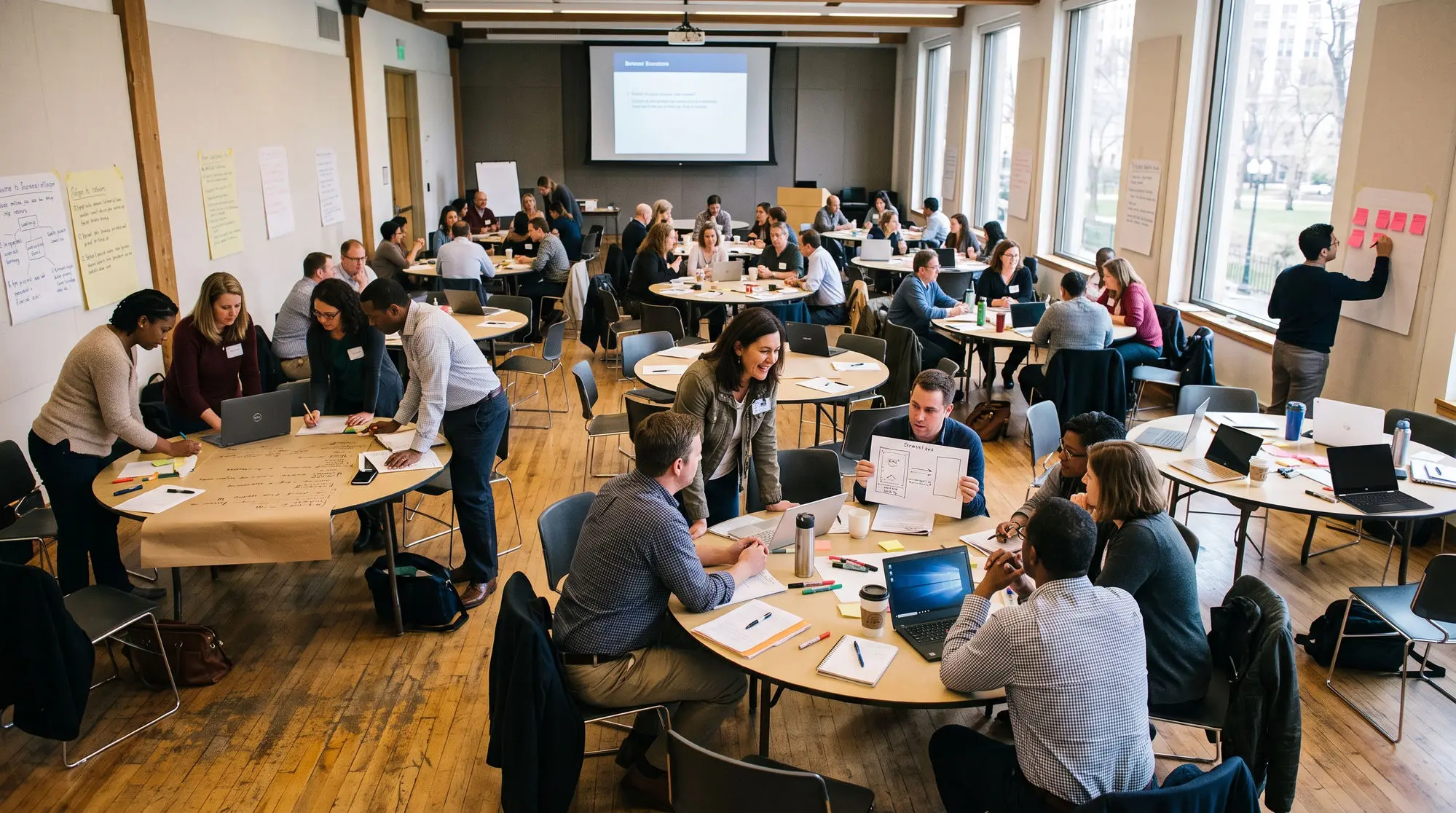 About forty educators working in teams at round tables during an AI Flash Lab